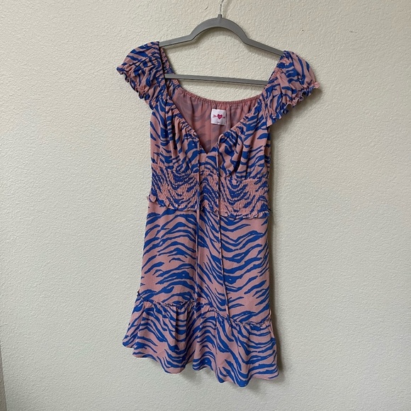 BUDDY LOVE | Spring Summer Zebra Print Ruched Mini Dress in Pink & Blue | Size S - Picture 2 of 9
